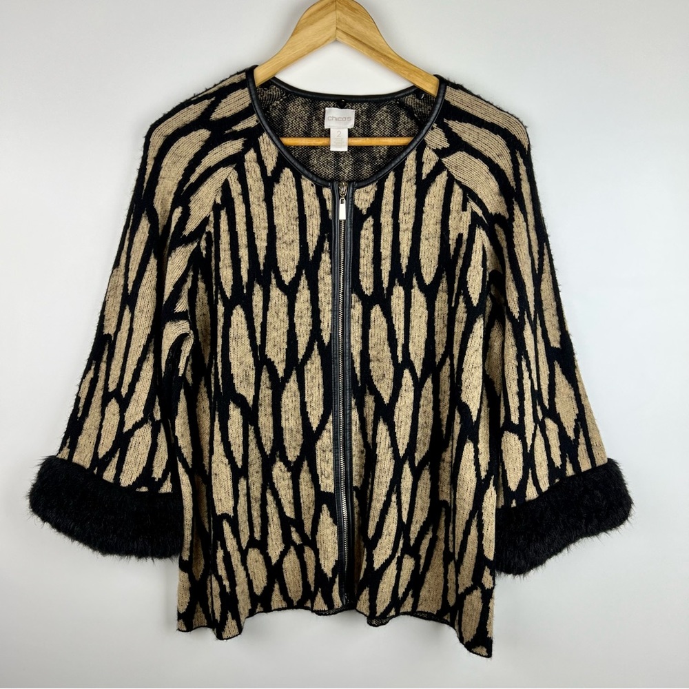 Chico’s Black/Tan Geo Print Jacket with faux leather trim
